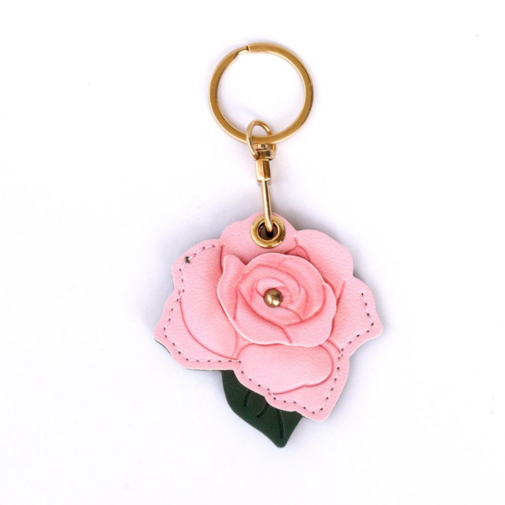 3D Rose Rose Flower Bag Keychain PU Leather Entrance Guard Card Holder Bag Hanging Ornament  Travel