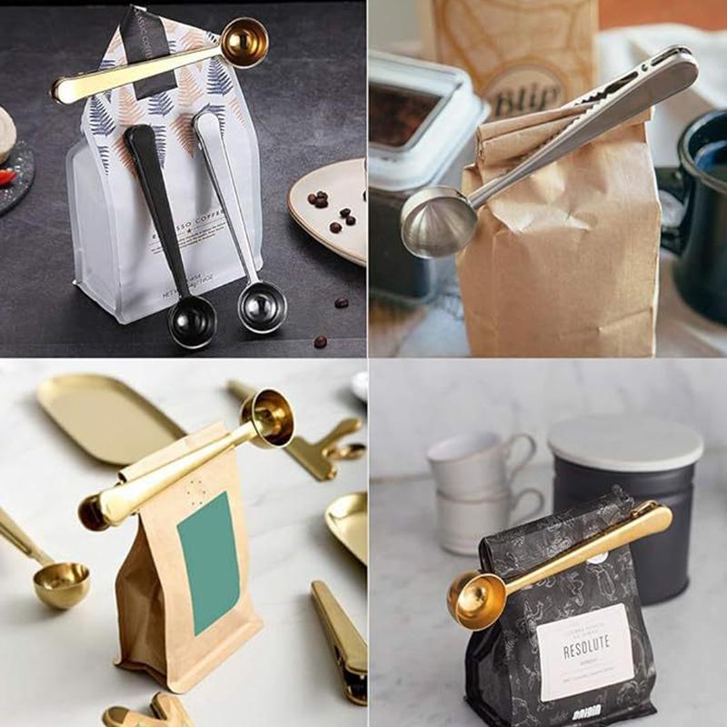 Stainless Steel Measuring Spoon Coffee Bean Spoon With Sealing Bag Clip Spice Milk Powder Scoop Baking Scale Spoon Kitchen Tool