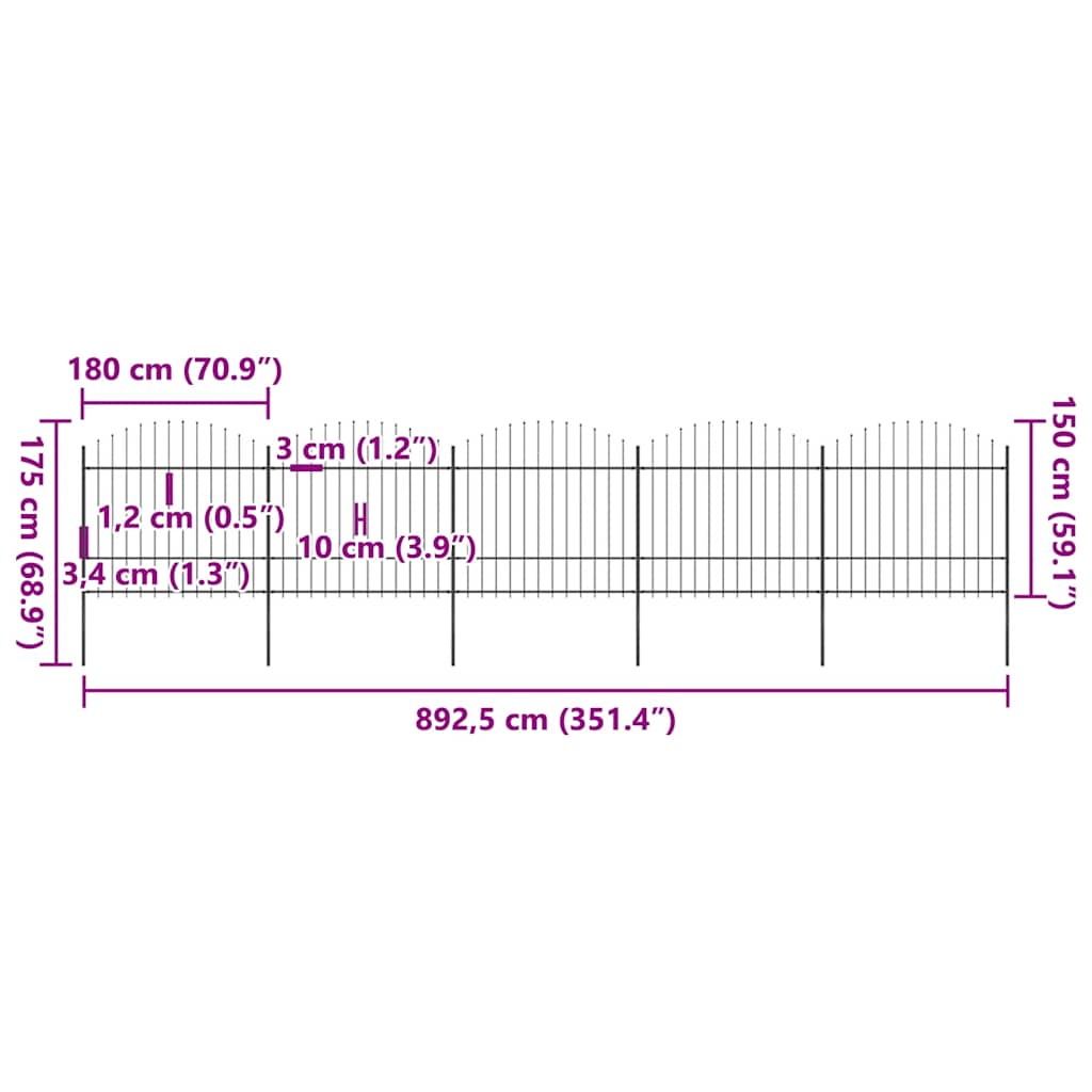 Spear Tip Steel Garden Fence 892.5 x 175 cm Black