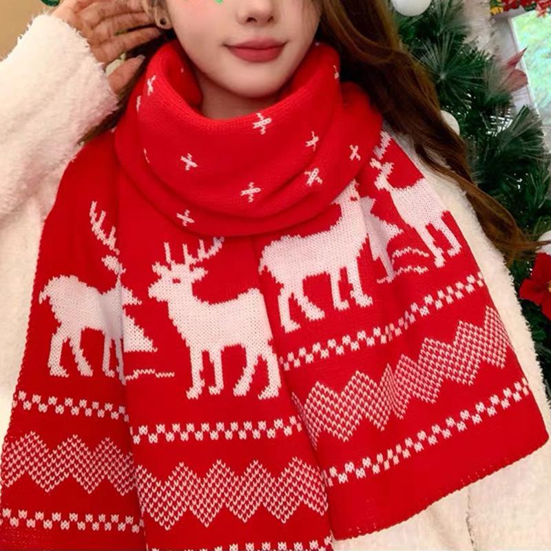 Winter Warm Women Christmas Scarf Xmas Pattern Double-sided Red Outdoor Warm Long Scarf Knitted Scarves Christmas Party Accessories