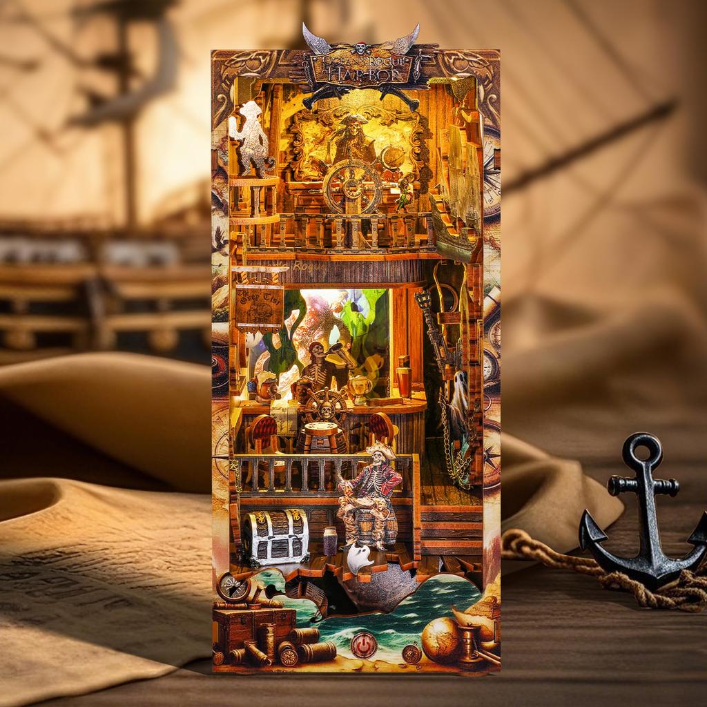FUNPOLA 3D Puzzle Booknook Kit, Wooden Puzzle DIY Miniature Dollhouse with LED Bookshelf and Bookends, Display and Craft Set for Beginners and Middle