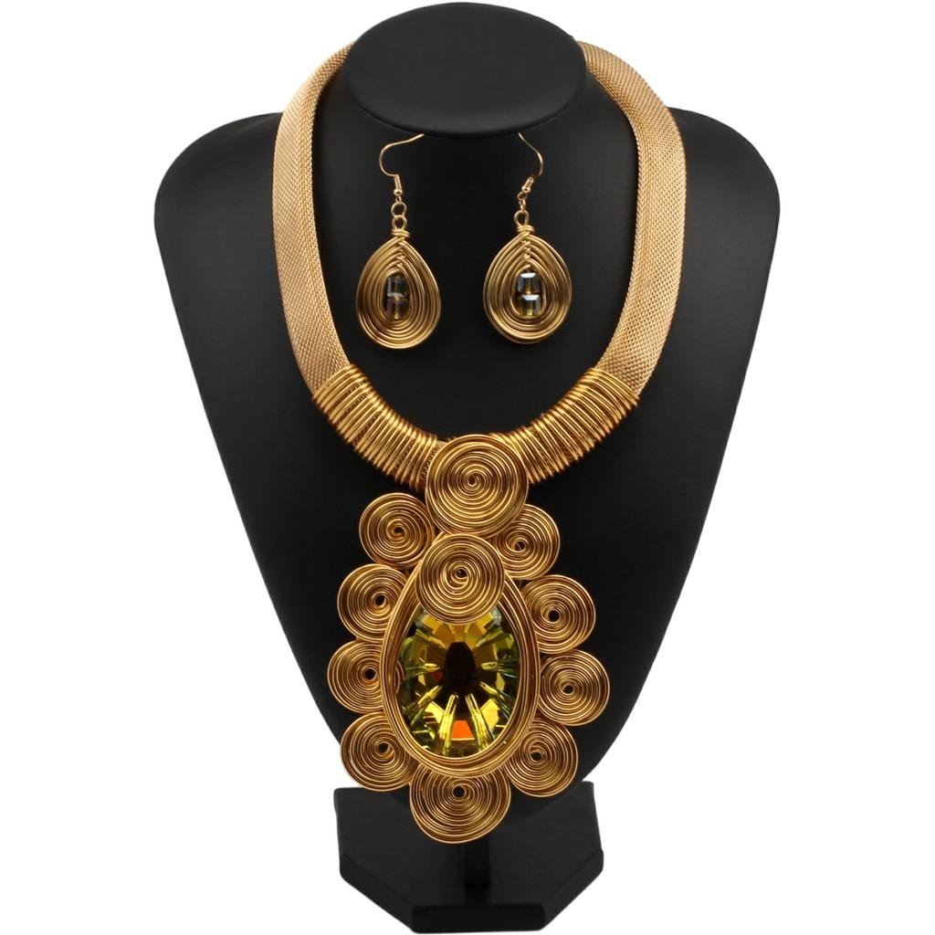 Crystal Pendant Necklace Earrings for Women Chunky Statement Flower Festival Ethnic Tribal Jewelry Accessories
