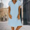 Rochie cu mânecă scurtă cu decolteu în V, cu mânecă scurtă pentru femei, cu potrivire largi, subțire, lungime până la genunchi, lavabilă, culoare solidă, rochie casual, îmbrăcăminte de stradă