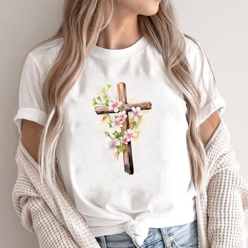 (Asian Size) sweet trend cute 90s style faith Print Short Sleeve T-shirts Casual Women's Top T Clothing O-neck Fashion Female Graphic Tee