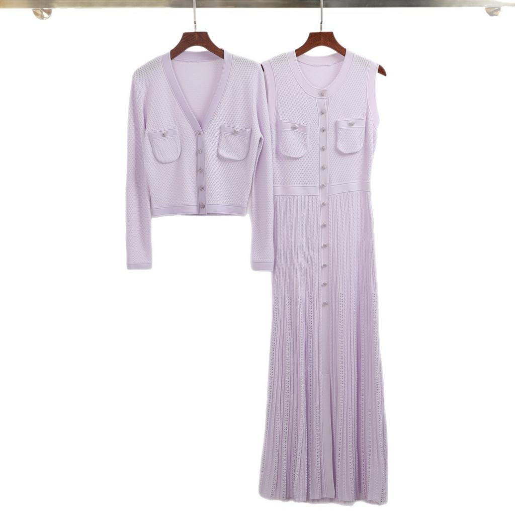 Cross-border spot new high-quality slim long-sleeved top knitted cardigan jacket + sleeveless dress set for women