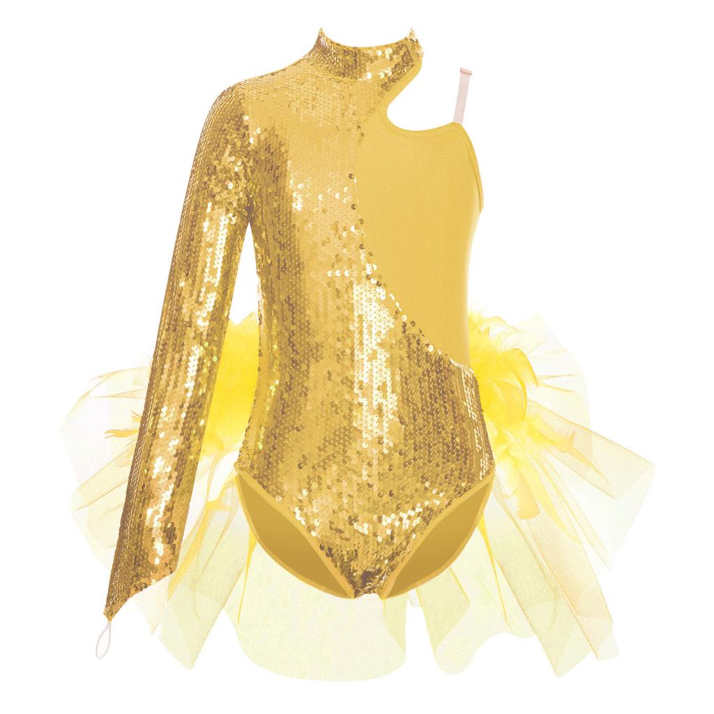 Mädchen Glitzernde Pailletten Tanzleotard Feder Tüll Rockdesign Asymmetrische Schulter Langarm Mock Neck Body