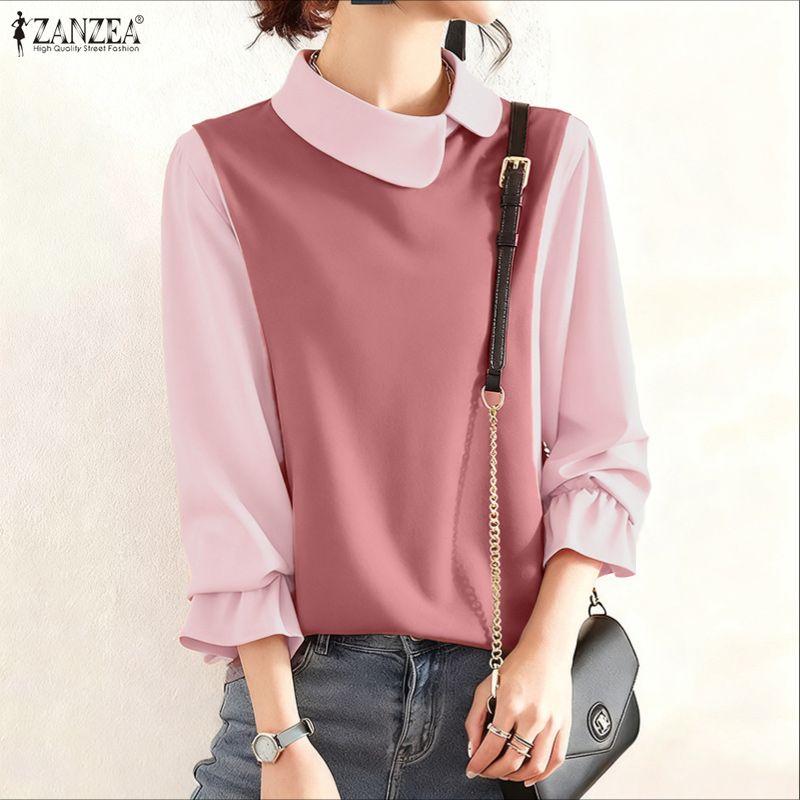 ZANZEA Bluză casual de damă cu guler păpușă, mâneci 3/4 largi, patchwork