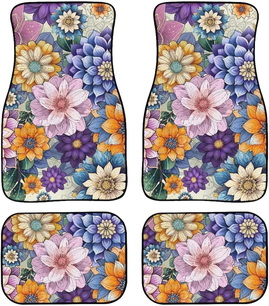 Universal Fit Auto Carpet Floor Mats Set of 4 for Women Girls Decorative Boho Floral Print Car Floor Mats Front & Rear Liners Set