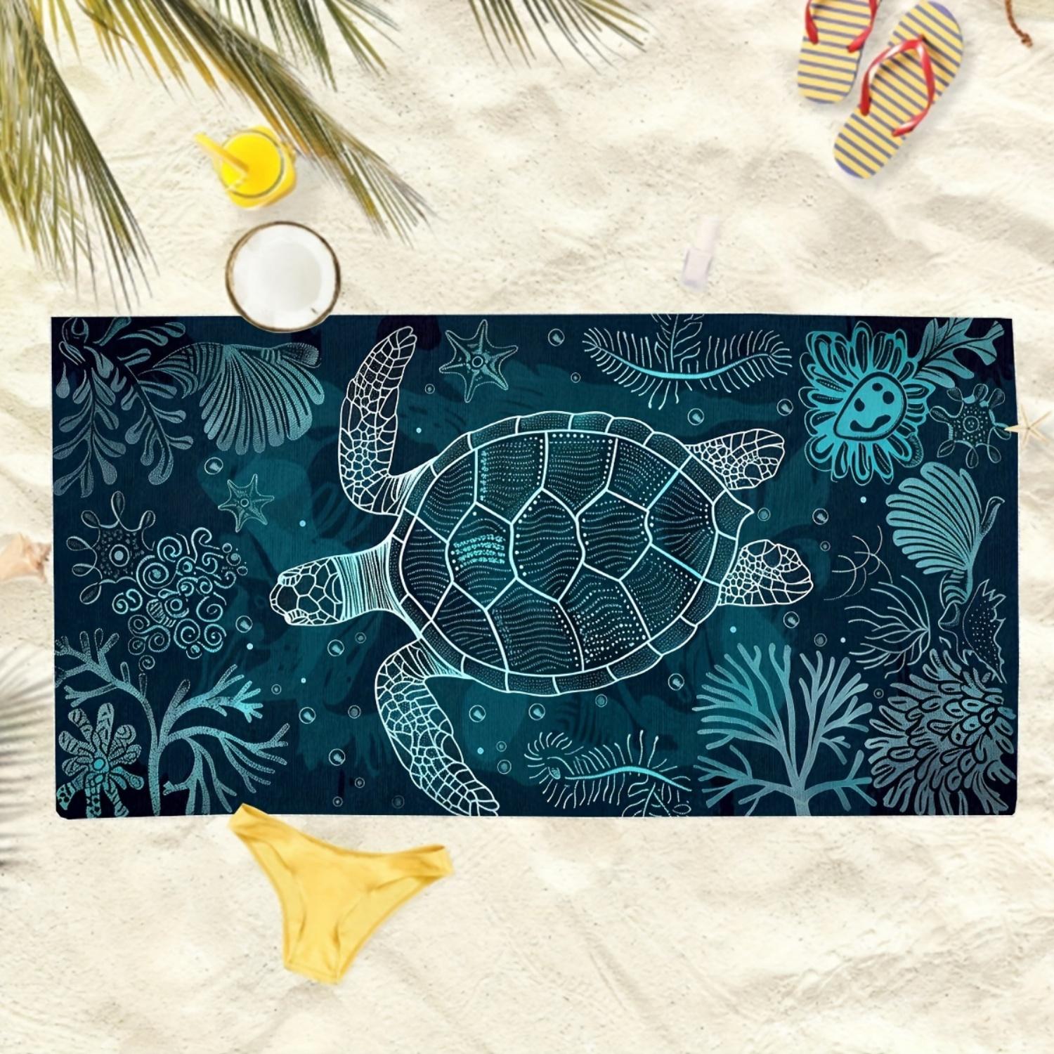 

1pc Bohemian Style Beach Towel,Quick-Dry Microfiber,Sea Turtle & Coral Reef Print,Durable Sunscreen Washable Square Towel W30*H60(CM)
