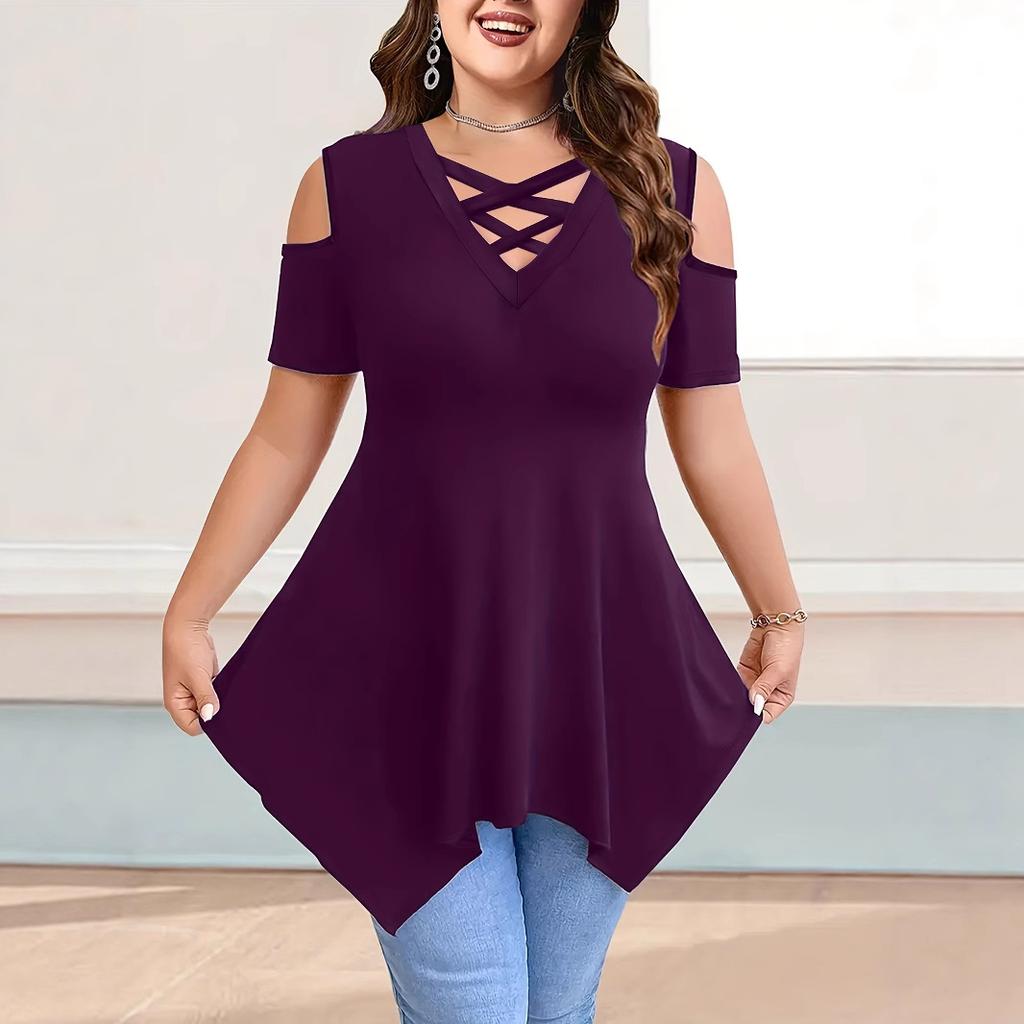 V-neck Cross-strapped Off-shoulder Short-sleeved Solid-color Women’s T-shirts