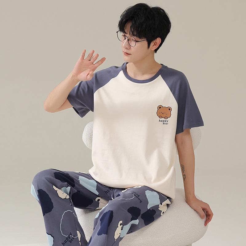 Men's Summer Cotton Pajama Set: Short Sleeve & Long Pants, Loose Fit, Plus Size