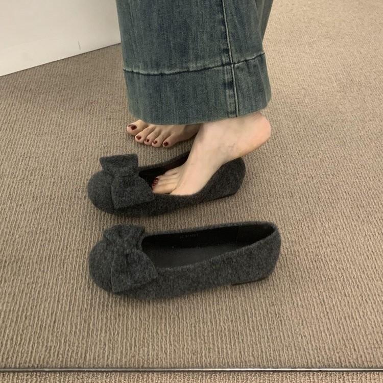 French Flat-bottomed Gray Bow Mary Jane Shoes Are Versatile and Not Tired. Women's Soft-soled Ballet Single Shoes