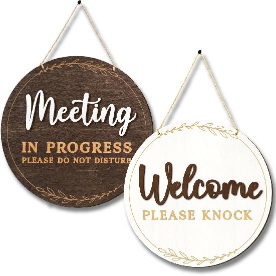 Meeting In Progress Door Sign - In A Meeting Sign For Office Door, Do Not Disturb Hanger Signs, Welcome Please Knock Office Signs