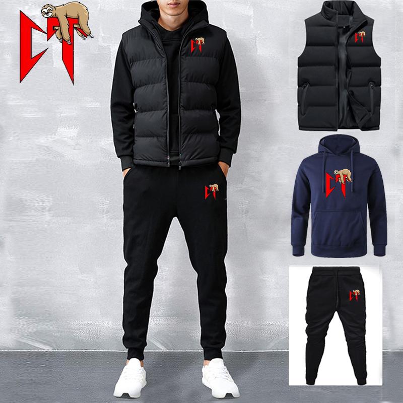 Men's Tracksuit  Vest+Hoodies+Sweatpants Suit Casual Jogger Sportswear 3 Piece Male Fleece Streetwear Sets