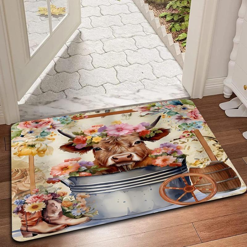 

Floral Highland Cow Print Doormat Anti-slip Carpet for Kitchen Living Room Machine Floor Mat Washable Floor Rug 40x60cm