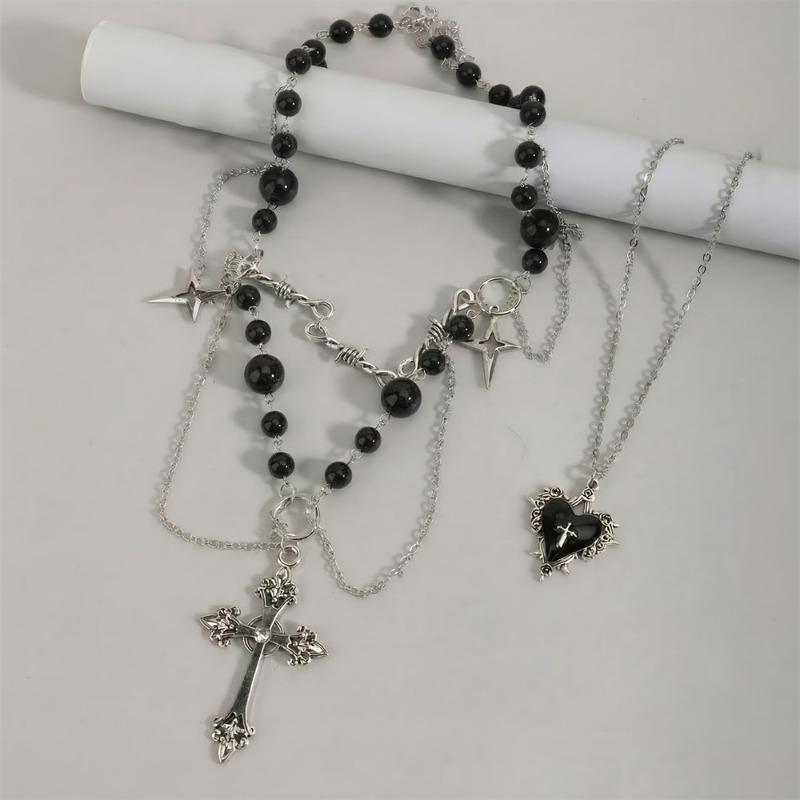 Multi Layer Black Beaded Cross Bat Heart Star Gothic Stacked Clavicle Necklace For Women