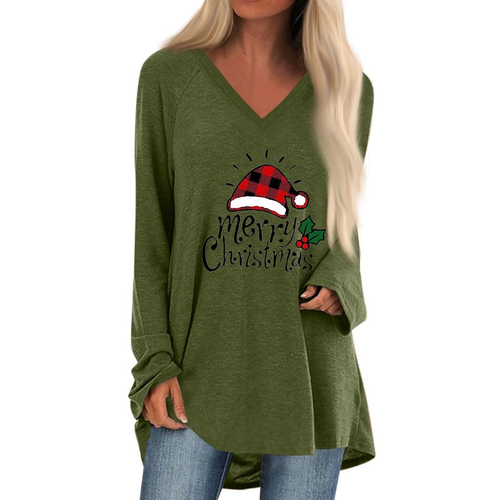 Women's Autumn Winter Long Sleeved V-neck Christmas Print Casual Long Loose T-shirt Top