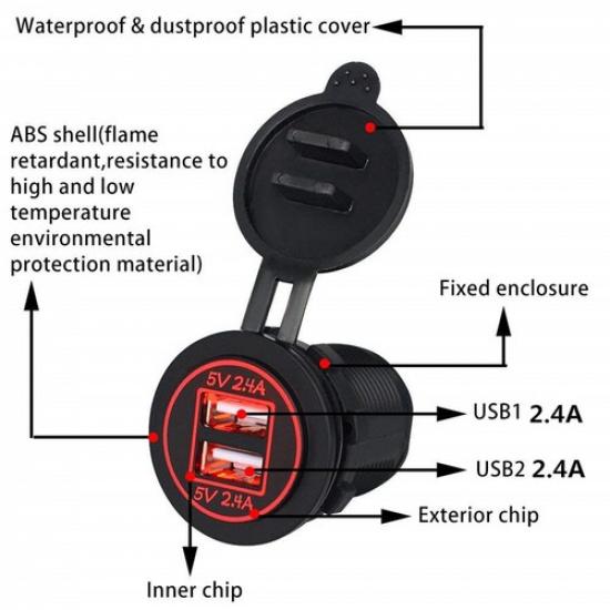 Red LED Dual Outlet Car Boat USB Charger Power Socket 2.4+2.4A w/ Cable 12/24V