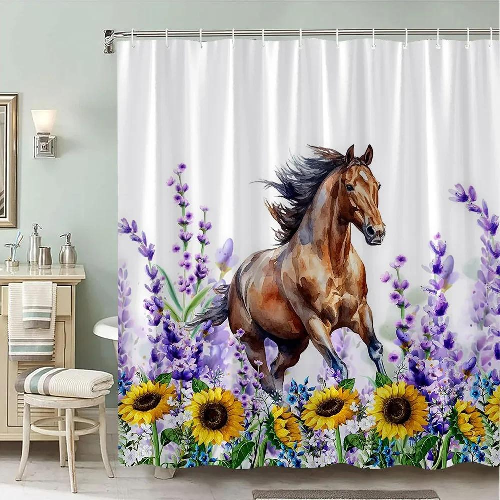 Rustic Wooden Panel Floral Shower Curtain Hummingbird Sunflower Lavender Polyester Fabric Bath Curtain Bathroom Decor with Hooks