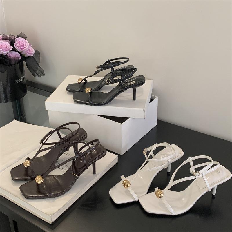 Metal Buckle One-word with Square Head Thin Heel Open-toed Women's Shoes 2025 Summer New Thin Strap Celebrity Sandals with Skirt Shoes