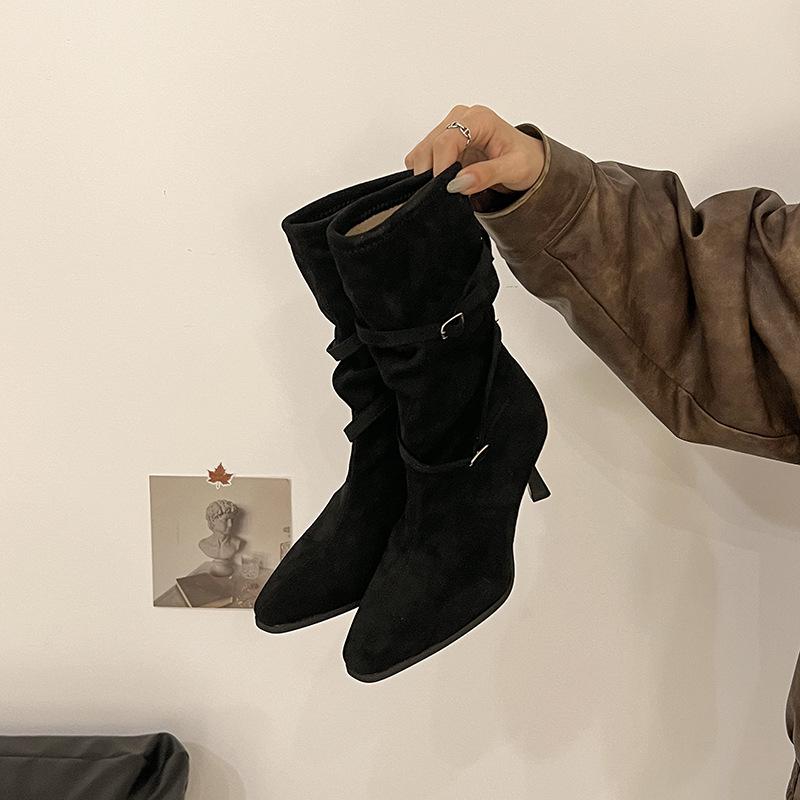 

Elegant Thin High Heel Short Boots Pleated Buckle Straps Pointed Toe Fashion Ladies Autumn Botines Size35-39 Bottes Femmes Black 39 чорний