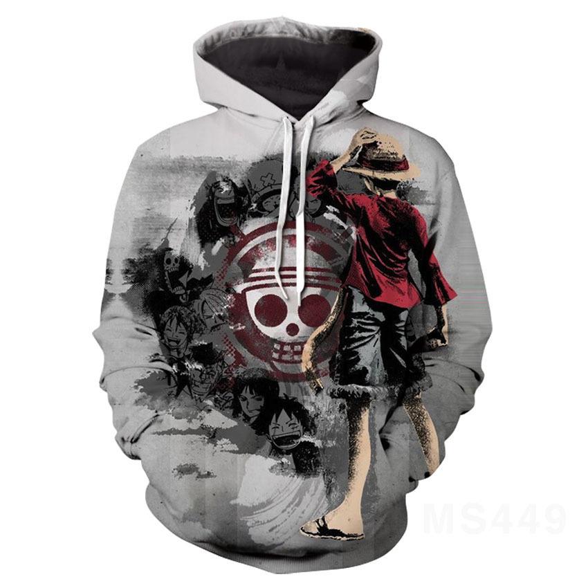 

Мужские Женские Аниме Худи Новая Уличная Одежда Харадзюку Повседневные Толстовки Пуловеры с Капюшоном с Мультяшным Принтом ONE PIECE L серый