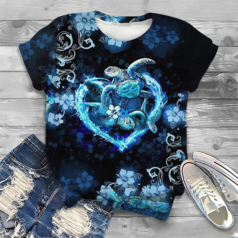 

Summer Round Neck 3D Sea Turtle Print Top Fashionable Casual Short Sleeved Women s T-shirts S