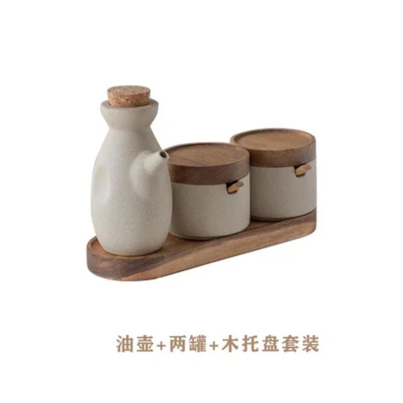Vintage Ceramic Seasoning Jar Japanese Style Home Kitchen Salt Chili Sugar Jar Oil Pot Wooden Lid Spice Kitchen Utensils Modern