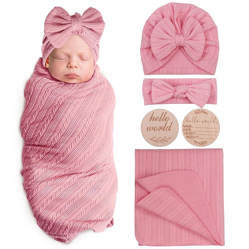 Newborn Receiving Blanket with Bow Hat Mittens Wooden Card Set Wheat-Pattern Newborns Toddler Baby Boy Girl Nursery Swaddle Wrap