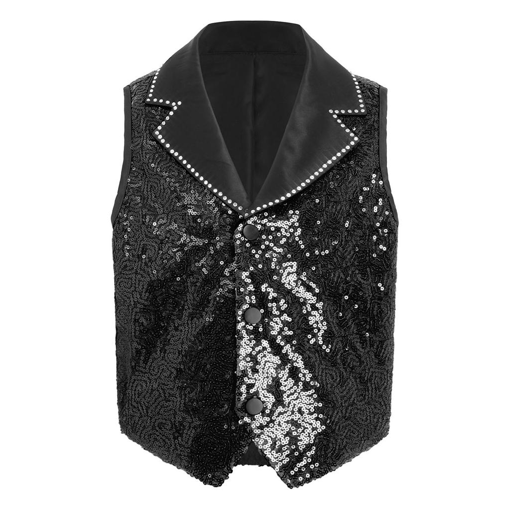 Boys Shiny Sequin Vest Contrast Lapel Collar Sleeveless Asymmetrical Hem Stage Waistcoat