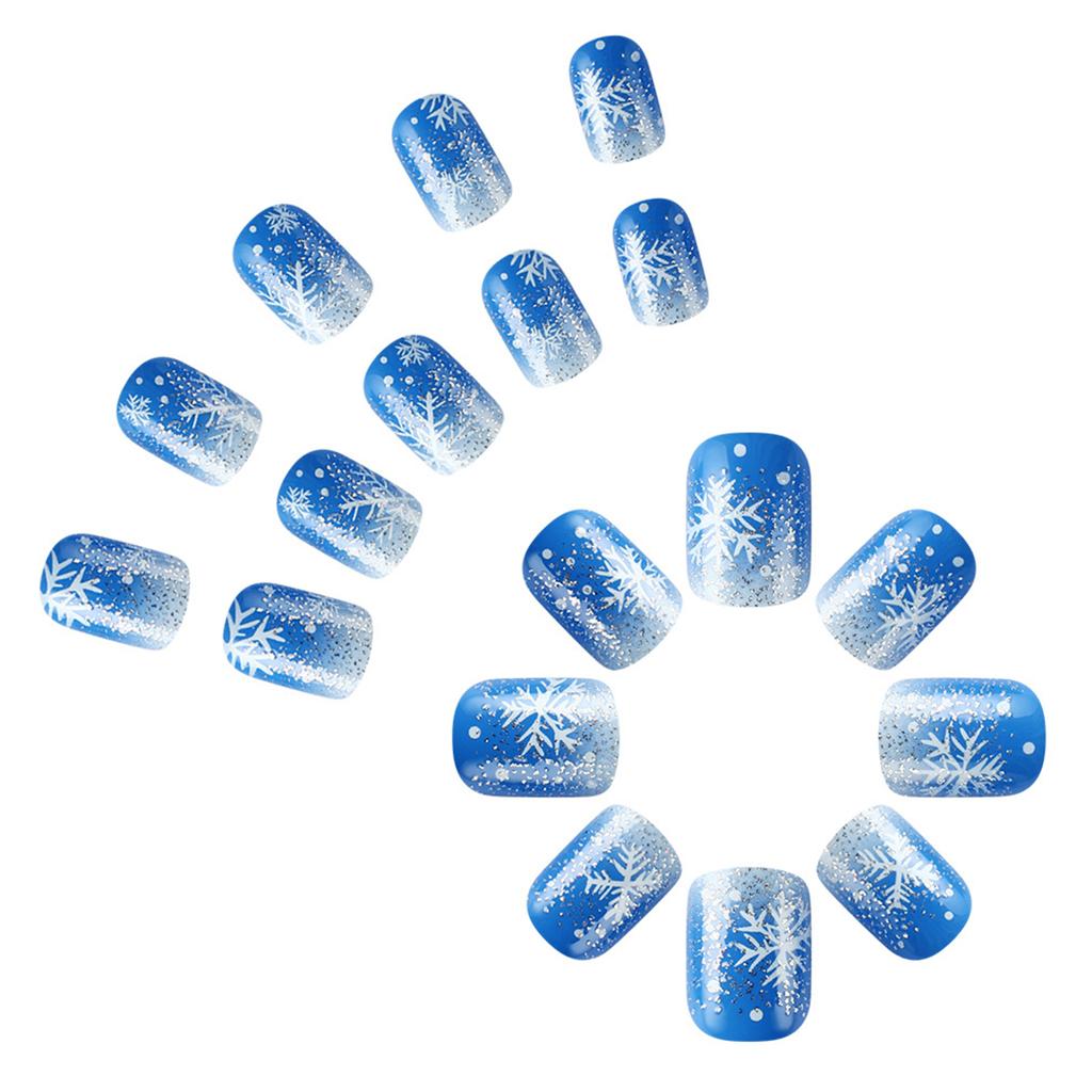 24Pcs Christmas Blue Glitter Short Square Press On Nails With Snowflake French Design Fake Nails For Women Holiday Manicure