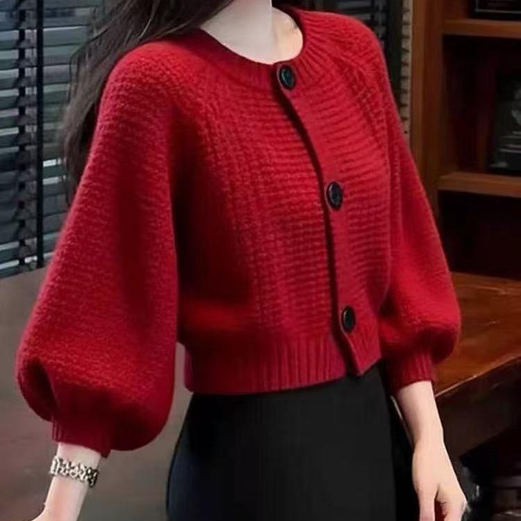 Women's Red Lantern Sleeve Cardigan: New Year Autumn/Winter Loose Knit Sweater Top
