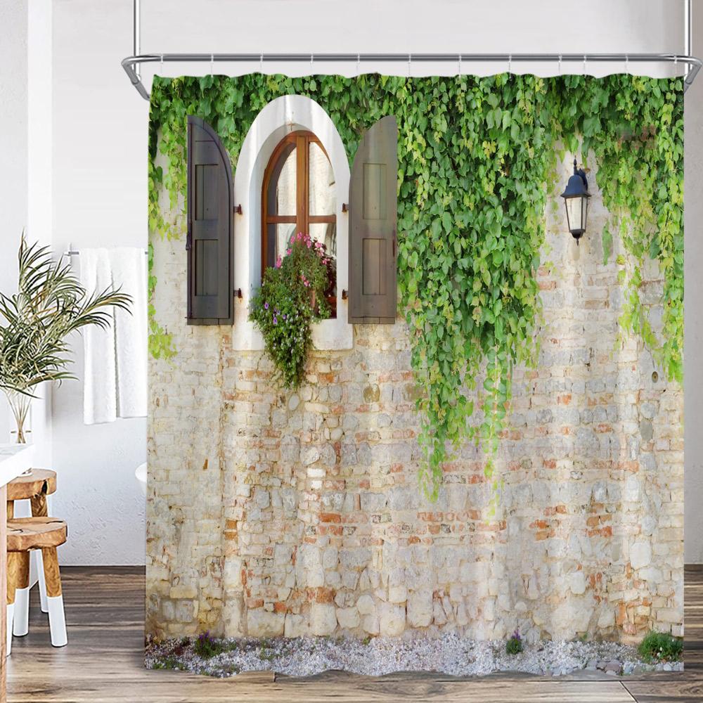 Green Vines Brick Wall Shower Curtain Pink Flowers European Garden Arch Door Bathroom Decorations Vintage Bath Curtain with Hook