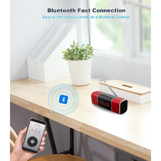 Kleines digitales FM-Radio mit Bluetooth-Lautsprecher, tragbares wiederaufladbares USB/SD-Karten-MP3-Player-Radio mit drahtlosem Lautsprecher und Kopfhöreranschluss