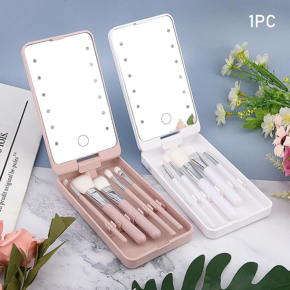 Portable Makeup Mirror With 5 Brushes Storage Box Rotatable LED Touch One-Face Storage Box Foldable Compact Makeup Mirror