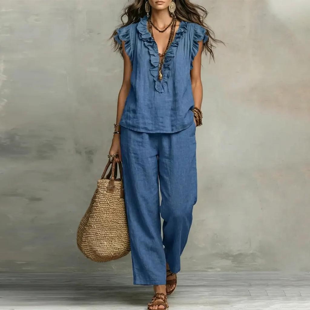 Women's Fashion V-neck Flying Sleeveless Tank Top Casual Pants Bohemian Cotton And Hemp Two Piece Set