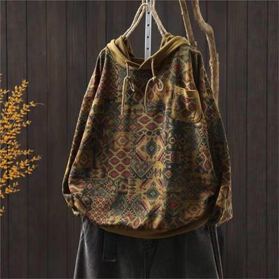 Johnature Pulls à Capuche Vintage pour Femmes Imprimé Floral Patchwork Poches Automne Tricotés Décontractés Pulls Féminins