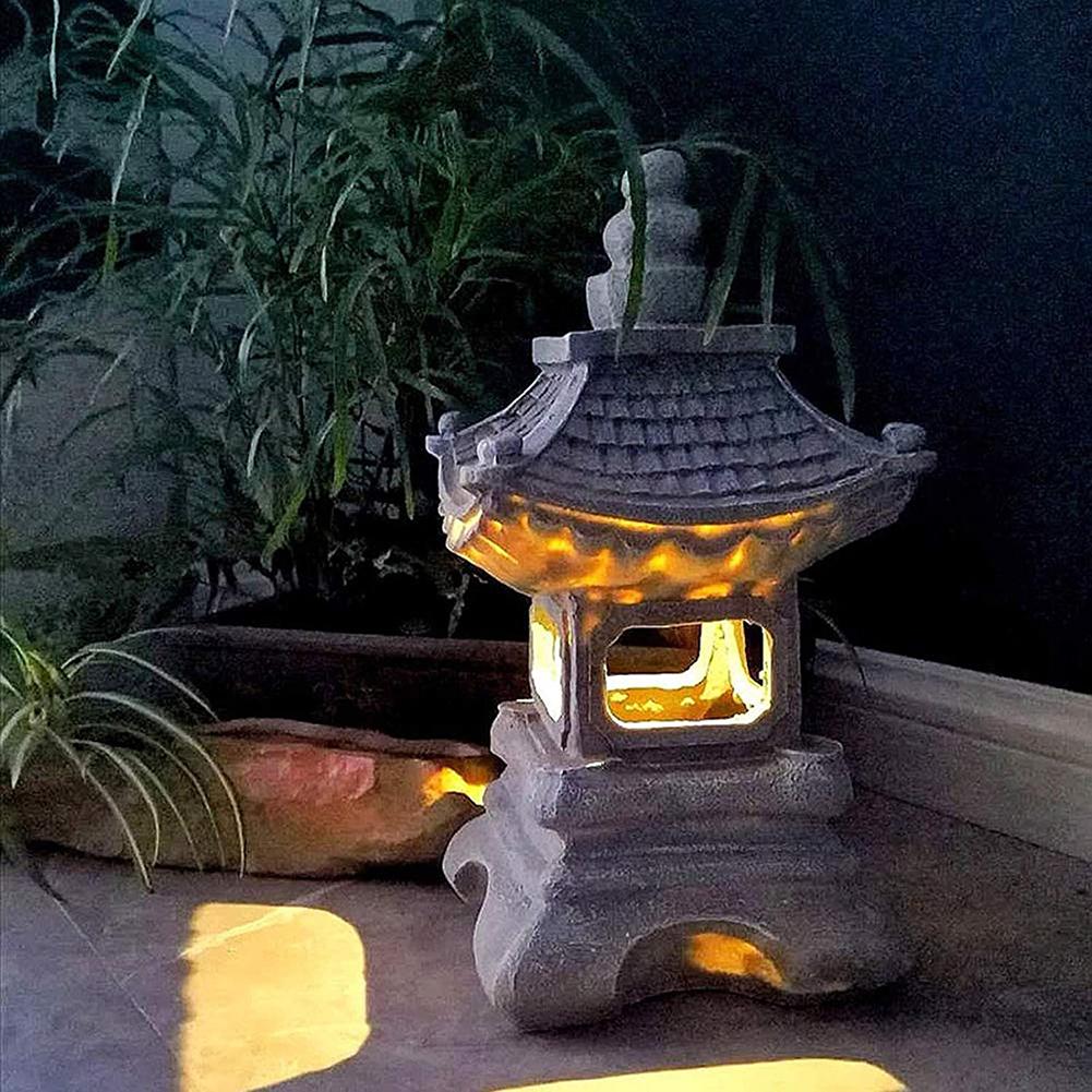 Resin Solar Pavilion Sculpture Lamp Retro Craft Waterproof Pagoda LED Solar Light Ornament Outdoor Garden Lawn Decorations