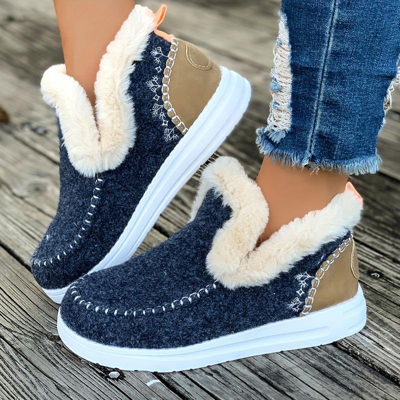Women's Winter Ankle Boots - Slip-On Boots with Non-Slip PU Sole, Thick Cushioned insole Faux Fur-like collar - Cold Weather Shoes for Everyday