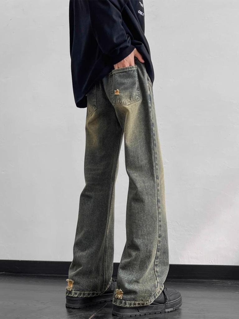 Men's Vintage Washed Wide-Leg Ripped Jeans – Straight-Leg, High-Street Style, Micro-Flare Streetwear Pants