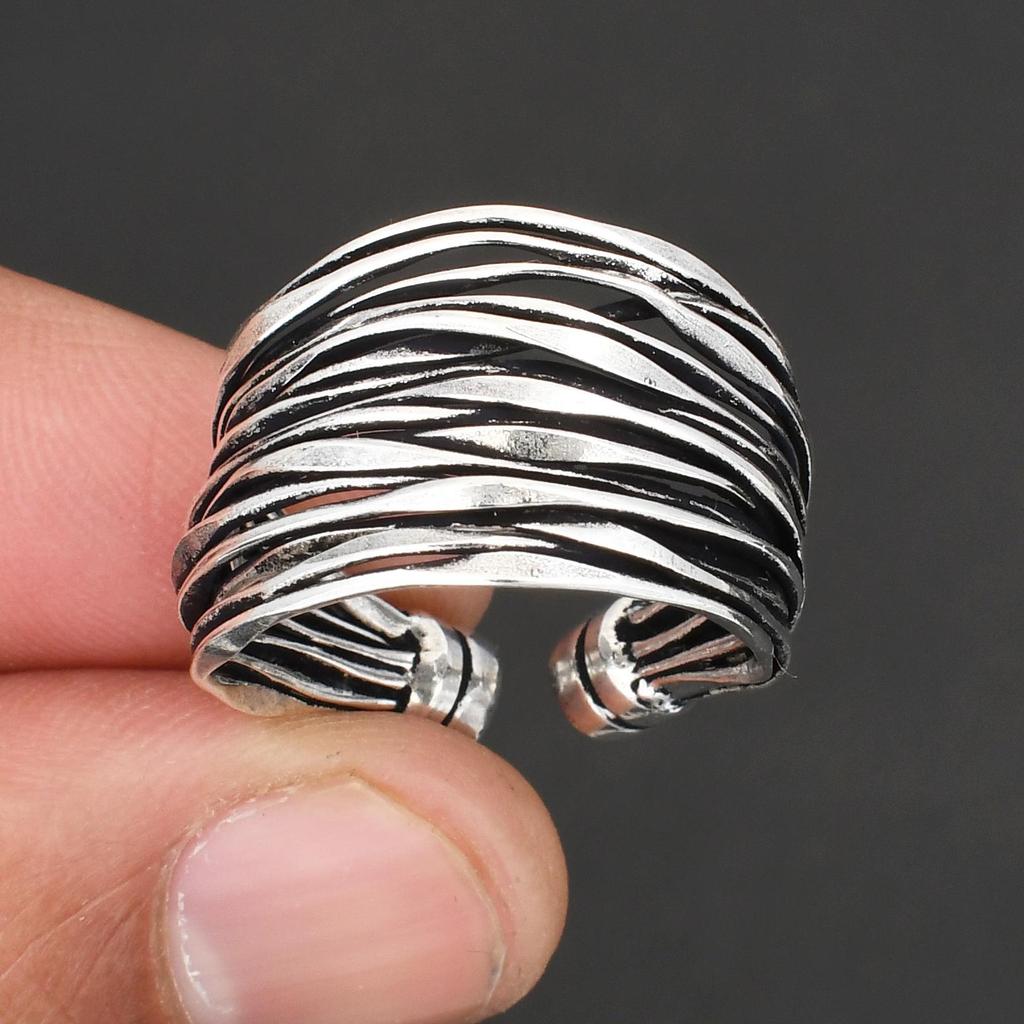 Handmade 925 Sterling Silver Wire Wrapped Band Ring, Adjustable Statement Cuff Ring for Men and Women