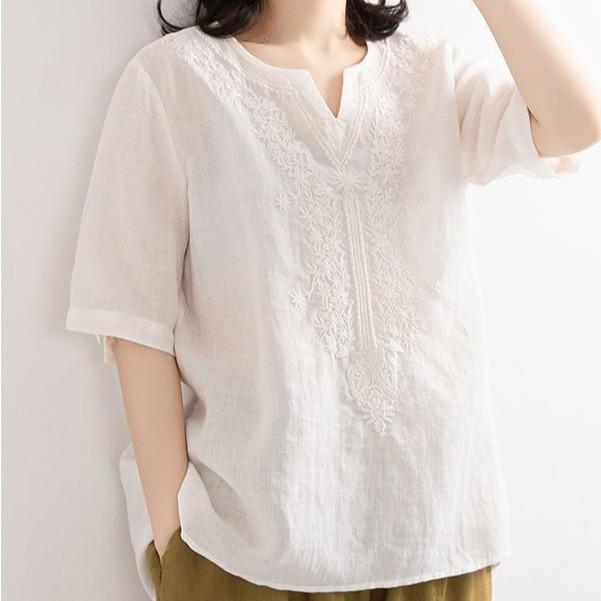 Women's Retro V-Neck Cotton Linen T-Shirt – Summer 2024 Short-Sleeve, Loose Fit, Solid Color.
