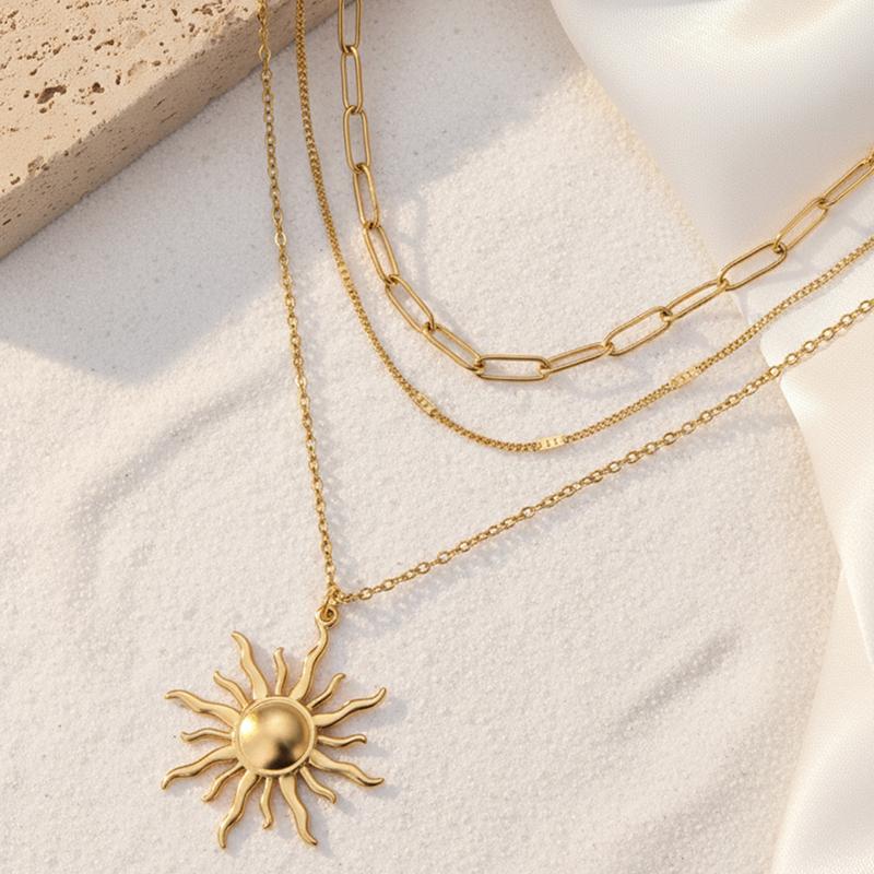 Stainless Steel Vintage Sun Pendant Necklace for Women Simple Metal Multi-Layer Thin Chain Clavicle Chain Fashion Party Jewelry