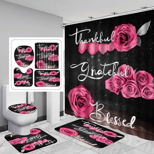 4-Piece Blue Rose Shower Curtain Set, Thank You Blessing Bathroom Curtain With Non-Slip Carpet Toilet Cover Pad U-Shaped Pad