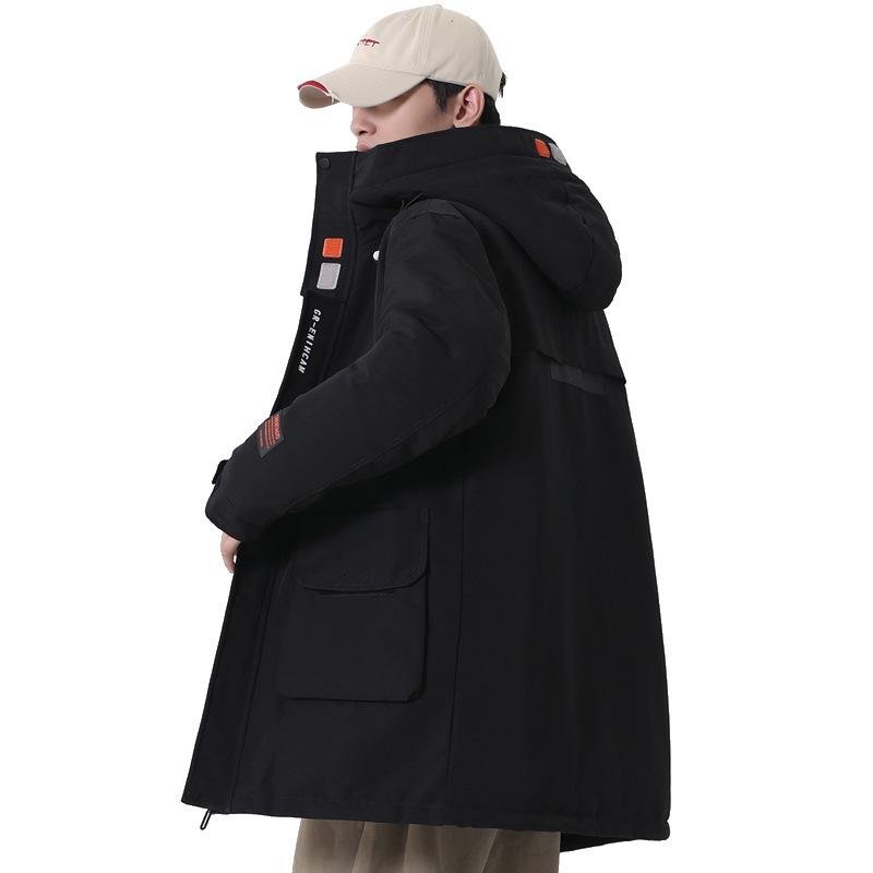 Cargo down jacket male mid-length solid color fashion couple white duck down hooded down jacket for men