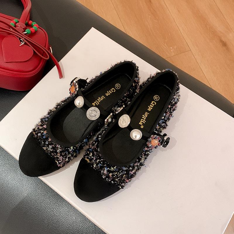 The Same Style As the Grape Mother, French Square Head Tweed, Small Thick Heel Badge, Genuine Leather Mary Jane Single Shoes, Women's Spring and 