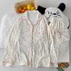 Women's High-End Crinkle Fabric Pajama Set - Long-Sleeved, Long Pants, Autumn Cardigan, Sweet Floral Pattern, Suitable for Outdoor and Home Wear.