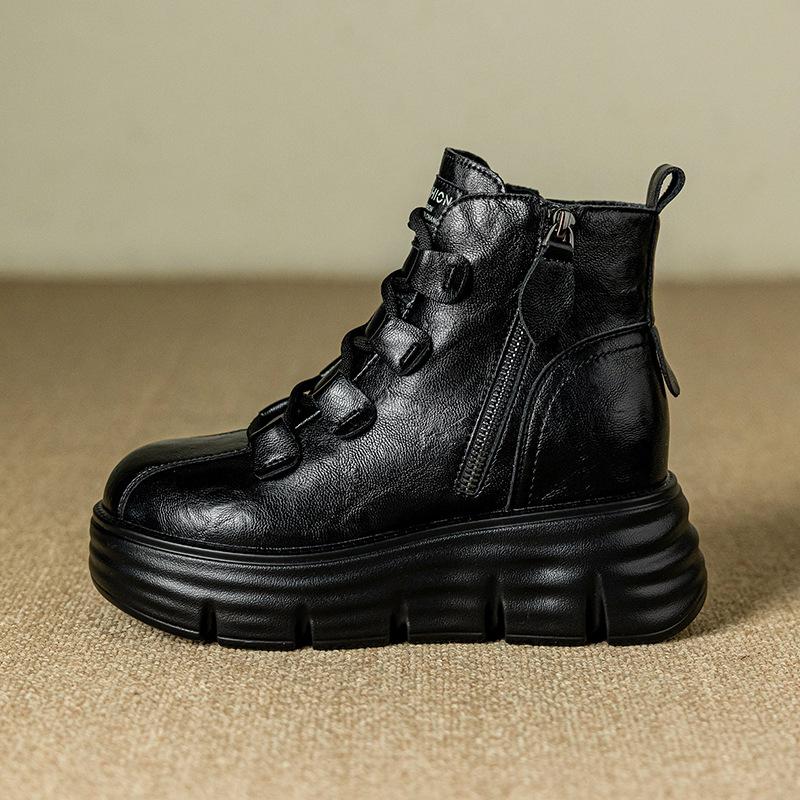 Heightening Boots Women's Autumn Winter New Velvet 8cm Platform Short Boots Retro Versatile High Top Shoes Brown Platform Shoes