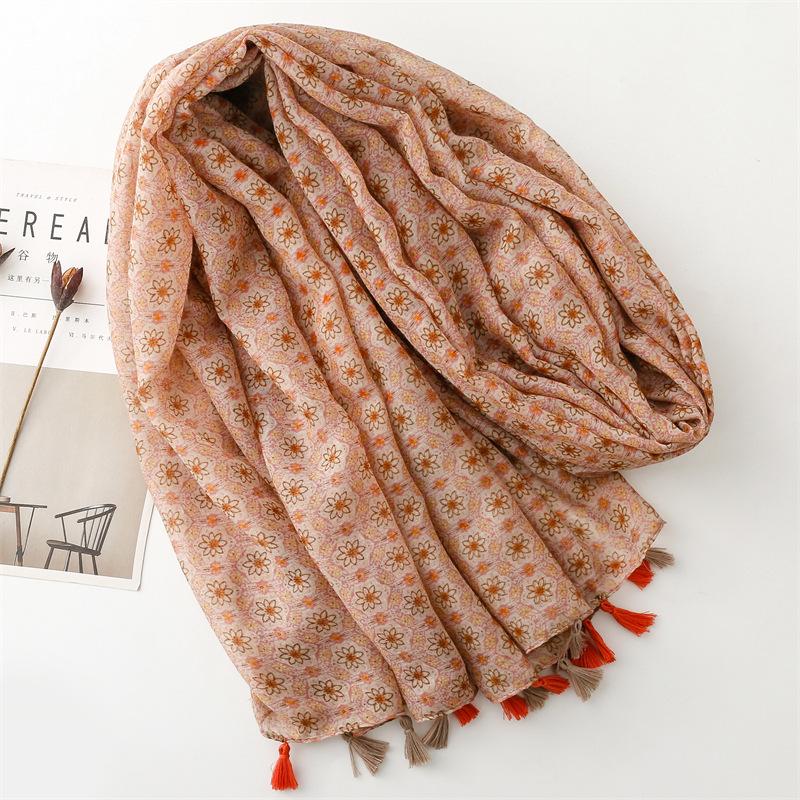 Four Season Coffee Colored Small Floral Scarf, Women'S Gauze Scarf For Outdoor Travel, Beach Towel, Printed Sunscreen Shawl