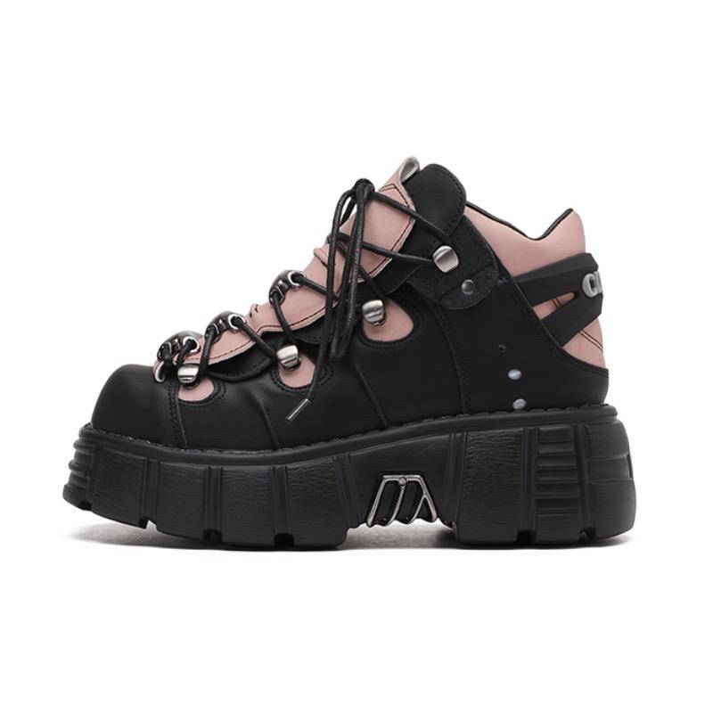 Punk Style Women Sneakers Rock Metal Decor Lace-up Heel Height Platform Shoes Gothic Man Shoes Men Sneaker